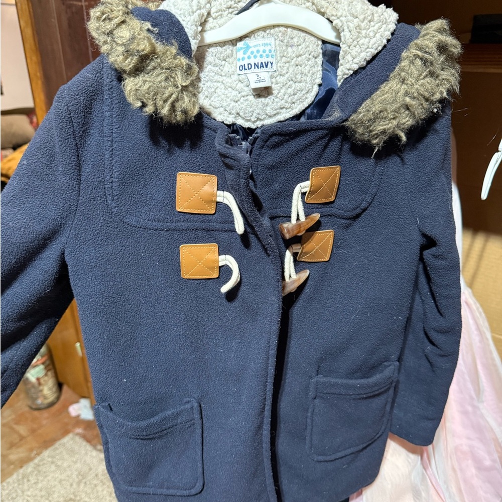 Old Navy Navy Blue Toggle Coat with Faux Fur Trim